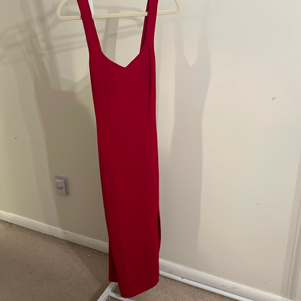 Vintage 90s Red Midi Sheath Dress Crisscross Straps Rhinestone Grommets Size 12